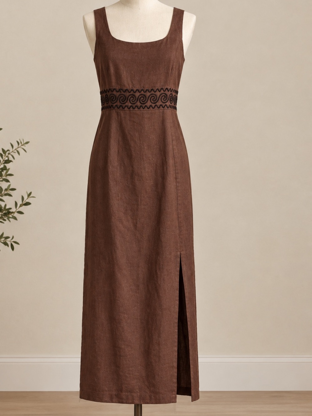 Maggy London Brown Sleeveless Linen Maxi Dress with Embroidered Waist